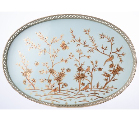 Elegant large pale bluechinoiserie painted tray with pierced metal border
