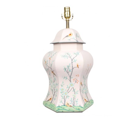 Gorgeous pale pink/multi colored chinoiserie lamp