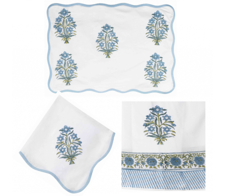 Beautiful handblocked linens floral/powder blue