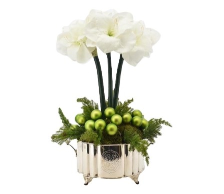 Fabulous 3 stem white amaryllis and ornaments with greens arrangement