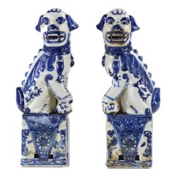 Wonderful pair of blue and white foo dogs