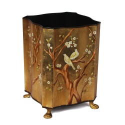 Square Scalloped Gold Leaf Chinoiserie Wastepaper Basket