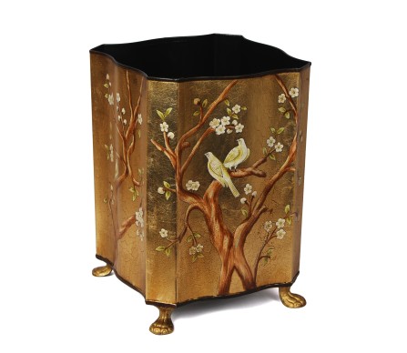 Square Scalloped Gold Leaf Chinoiserie Wastepaper Basket