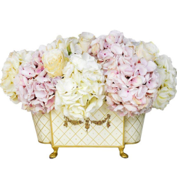 Pink and Cream Hydrangeas in Ivory and Gold Chinoiserie Tole Planter