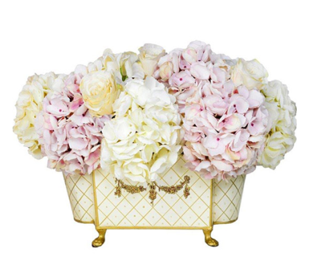 Pink and Cream Hydrangeas in Ivory and Gold Chinoiserie Tole Planter