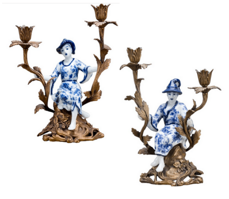 Incredible ormolu/porcelain chinoiserie man and woman candle holder (two)
