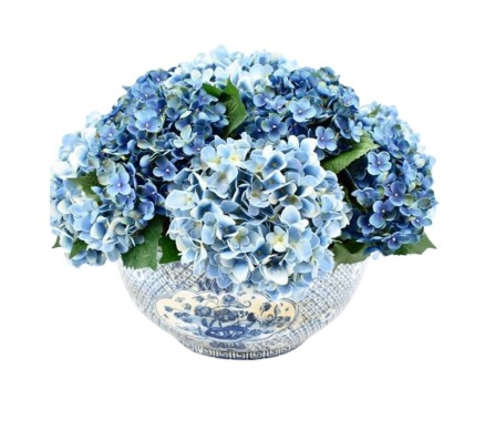 Fabulous blue hydrangea arrangement in trellis bowl